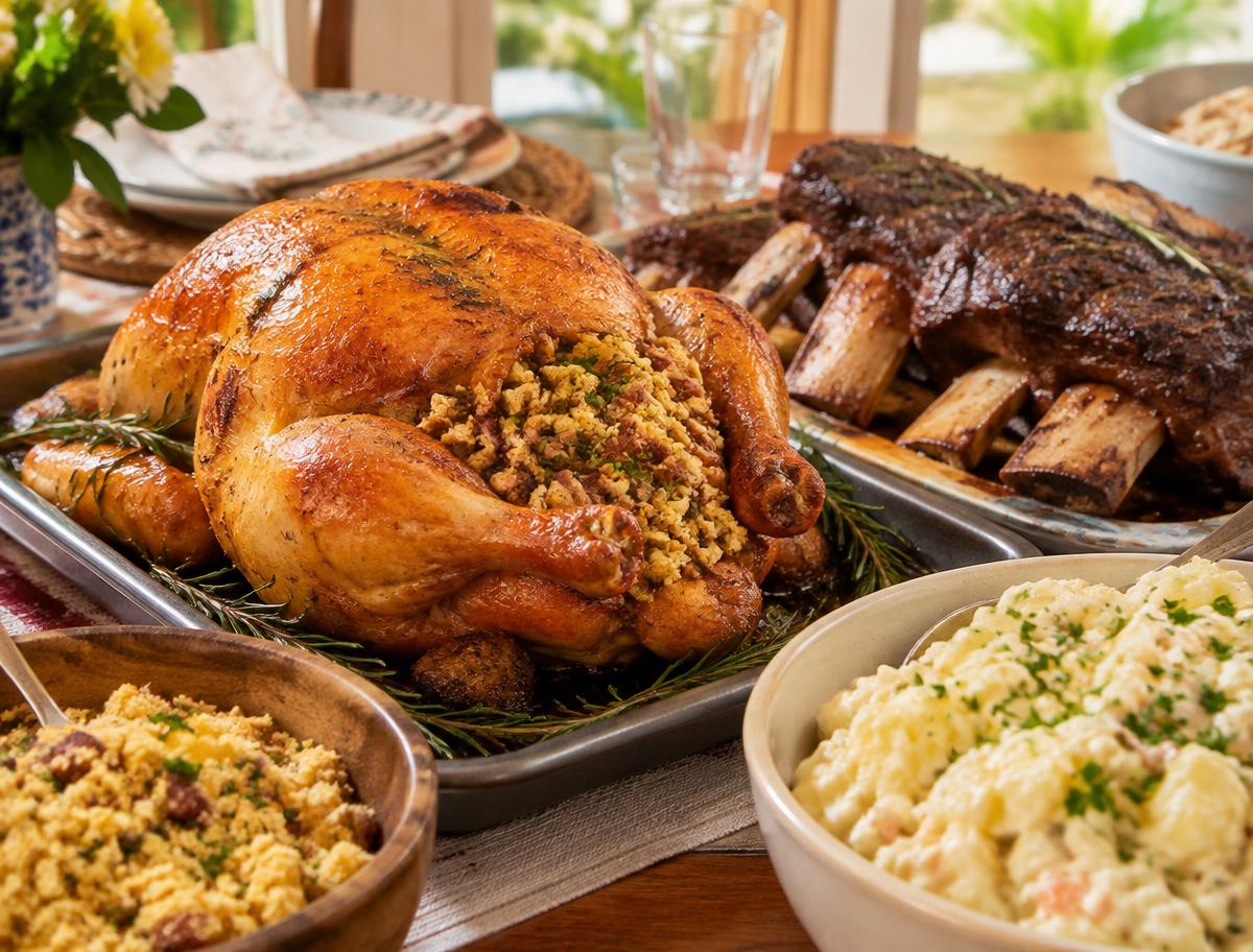 Frango assado recheado com farofa e costela assada