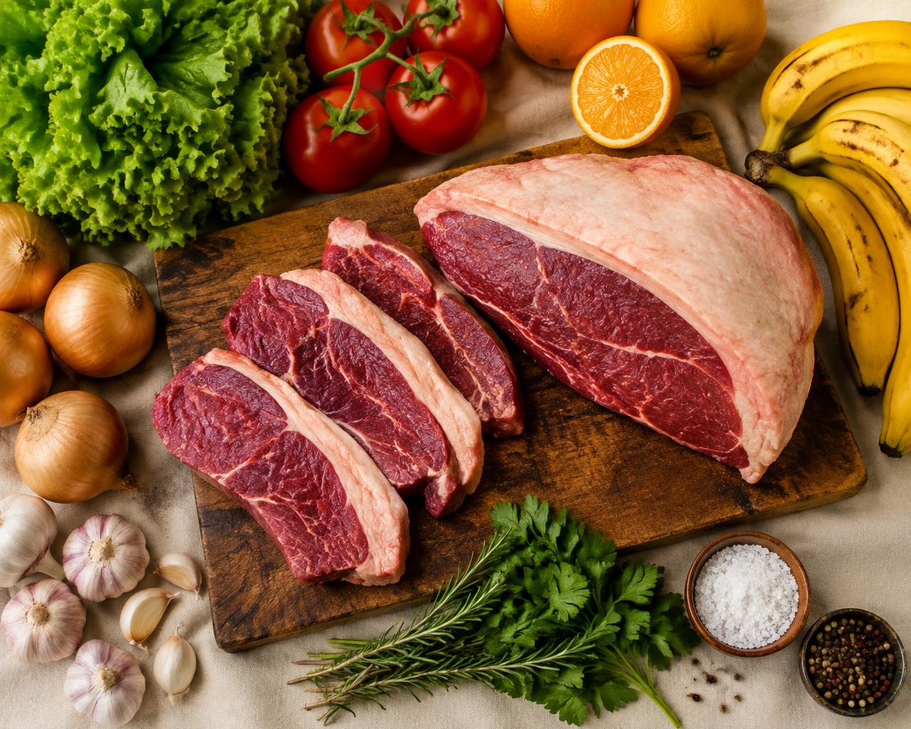 Carnes frescas, verduras e frutas da Mercearia RLS